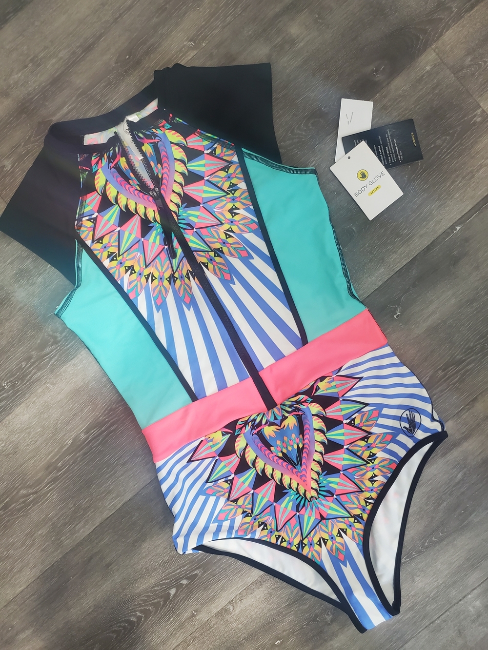 Body Glove Neon Multi-Color Front-Zip One-Piece Swimsuit NWT